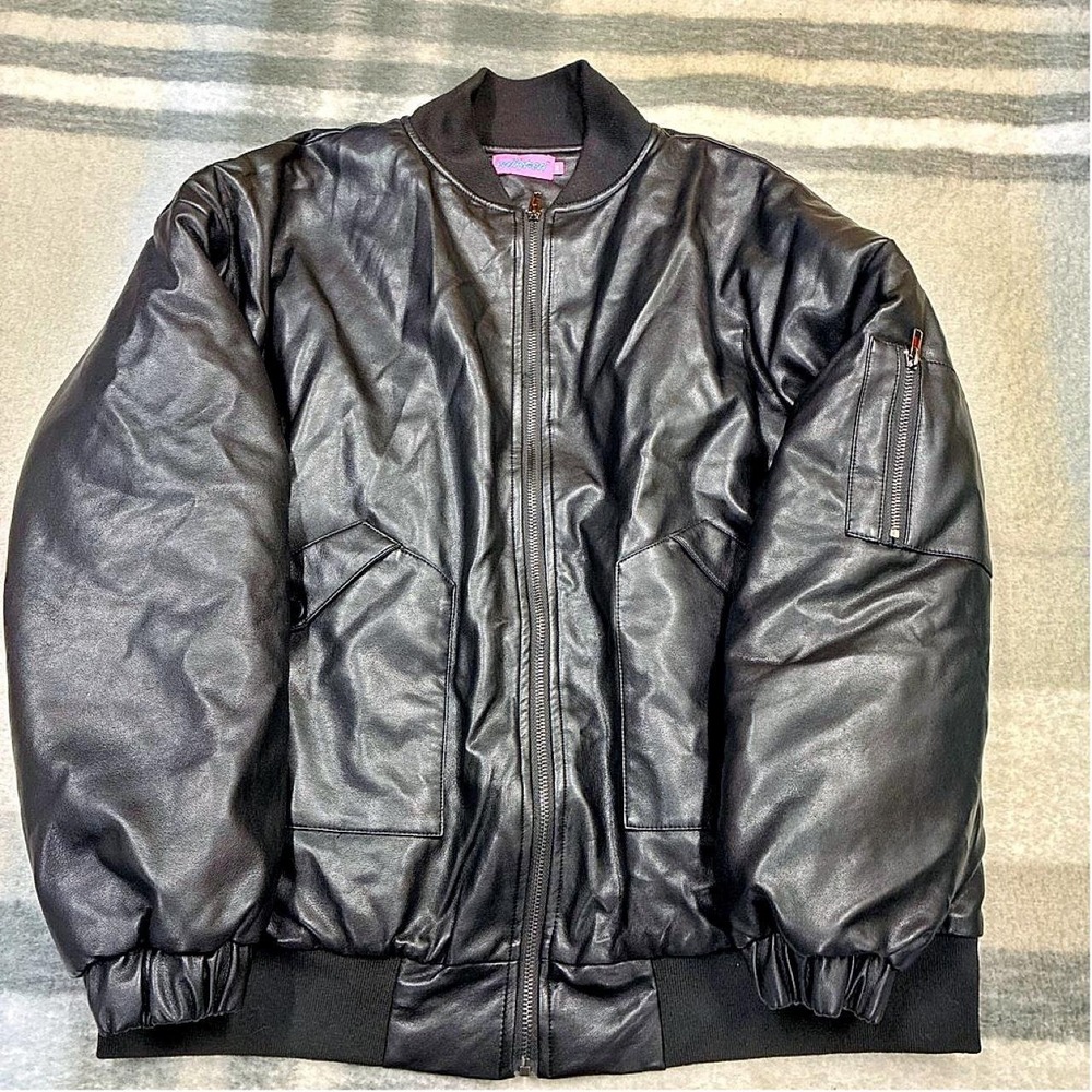oversized black faux leather bomber jacket from Edikted